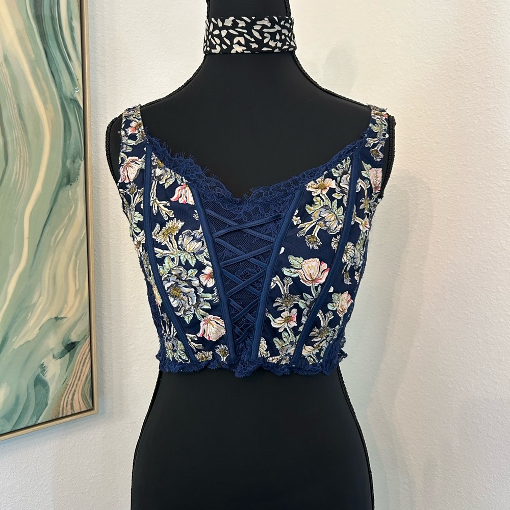 Navy Floral Lace-Up Crop Top